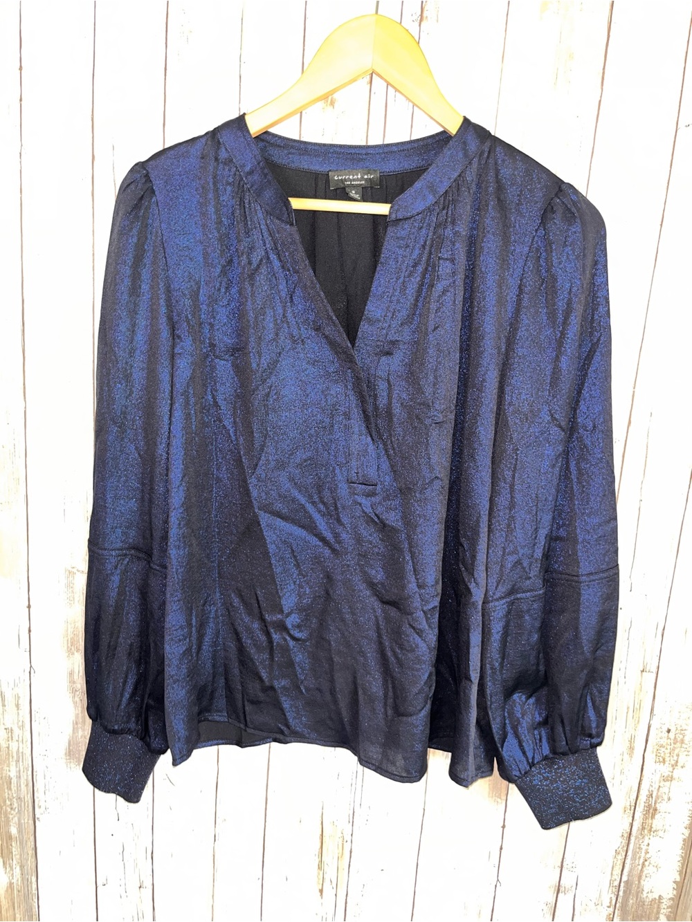 Current Air Metallic Shimmer Navy Blue V Neck Blouse Puff Sleeve Small